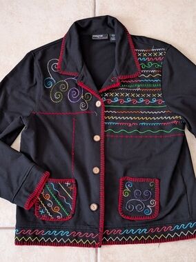 Vintage Onque Casuals Colorful Embroidered Cardigan Size Large
